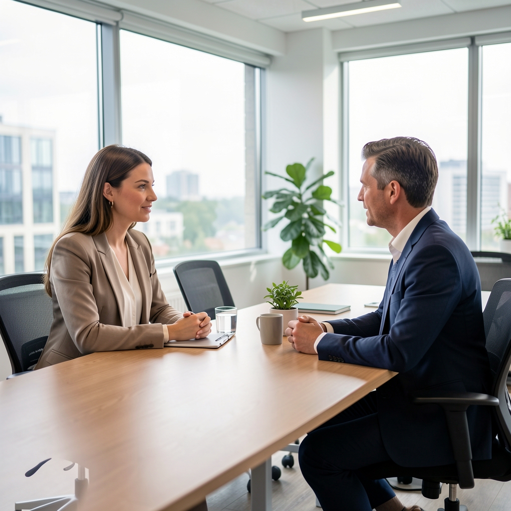 Bewerberin und Gesprächspartner im respektvollen Vorstellungsgespräch in einem modernen Büro