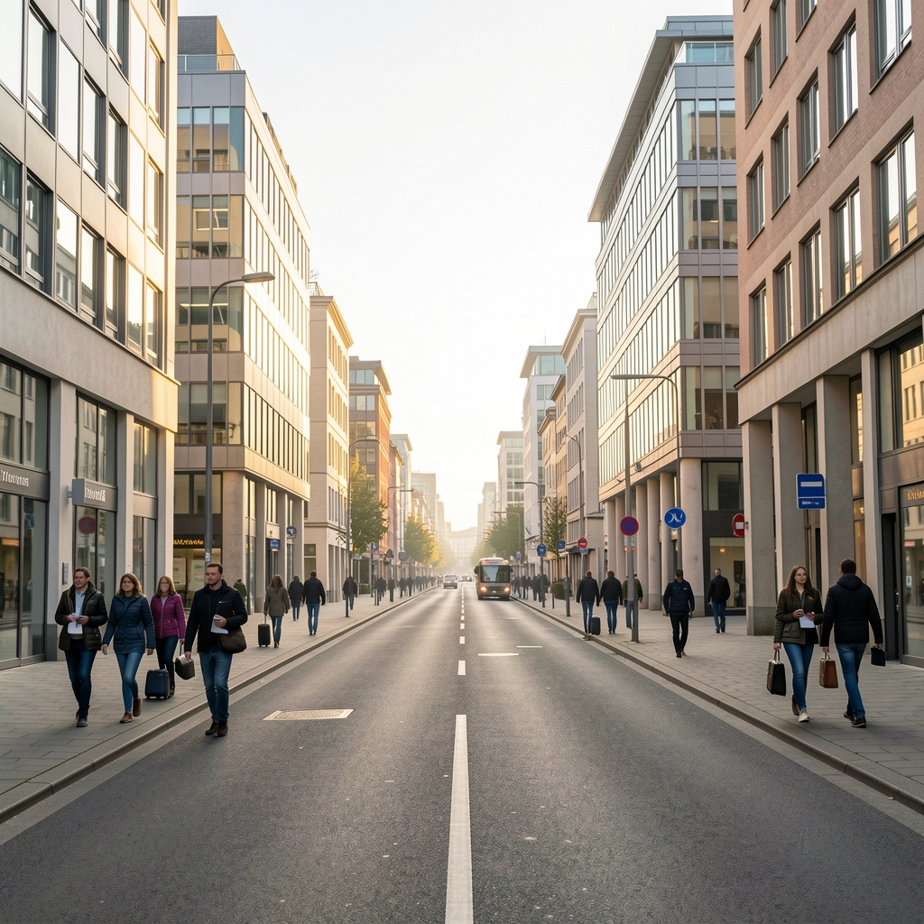 Hamburger Straße mit Bürogebäuden und Menschen auf dem Weg zur Arbeit am Morgen