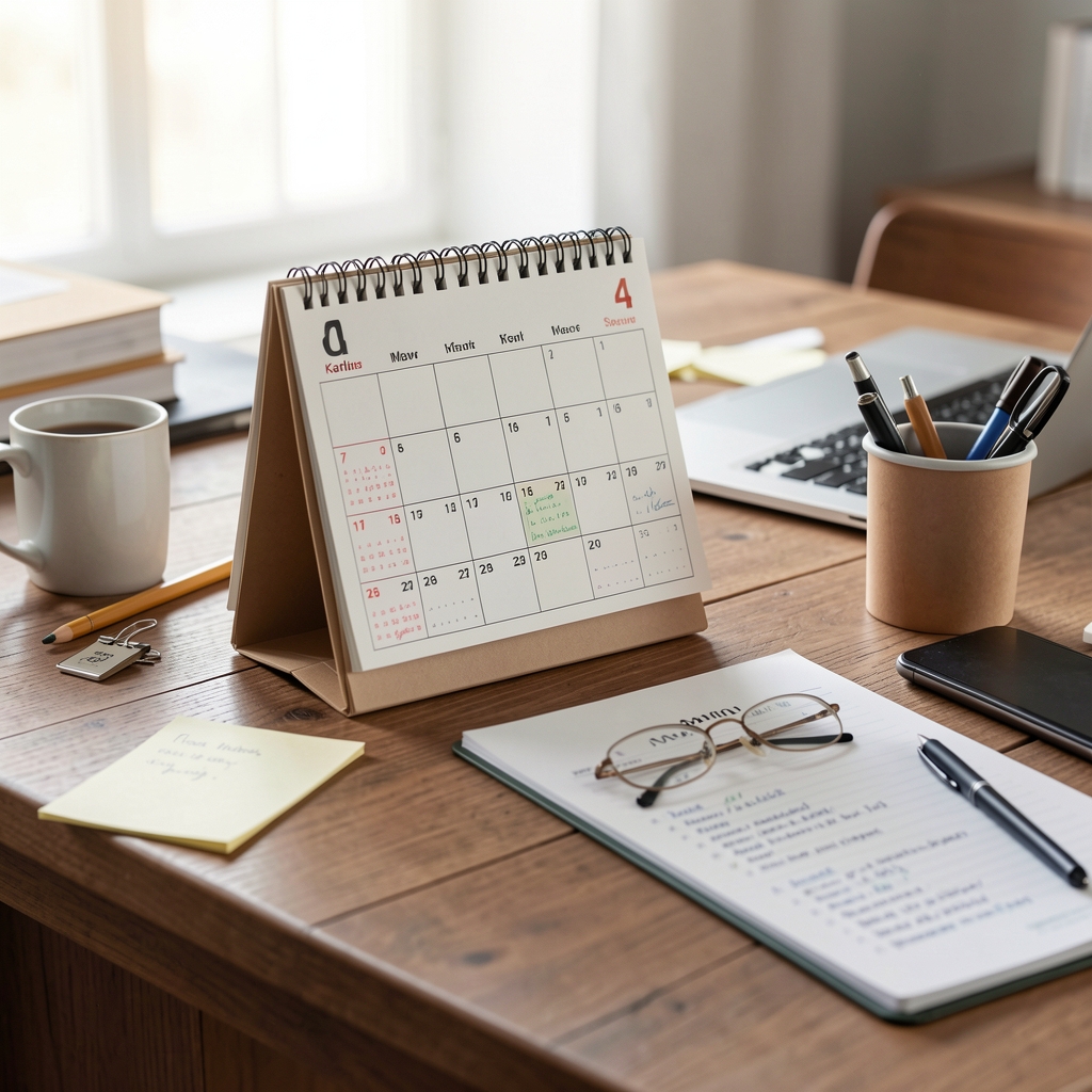 Handschriftliche Karriereplanung mit Kalender, Notizen und beruflichen Zielen auf einem Schreibtisch
