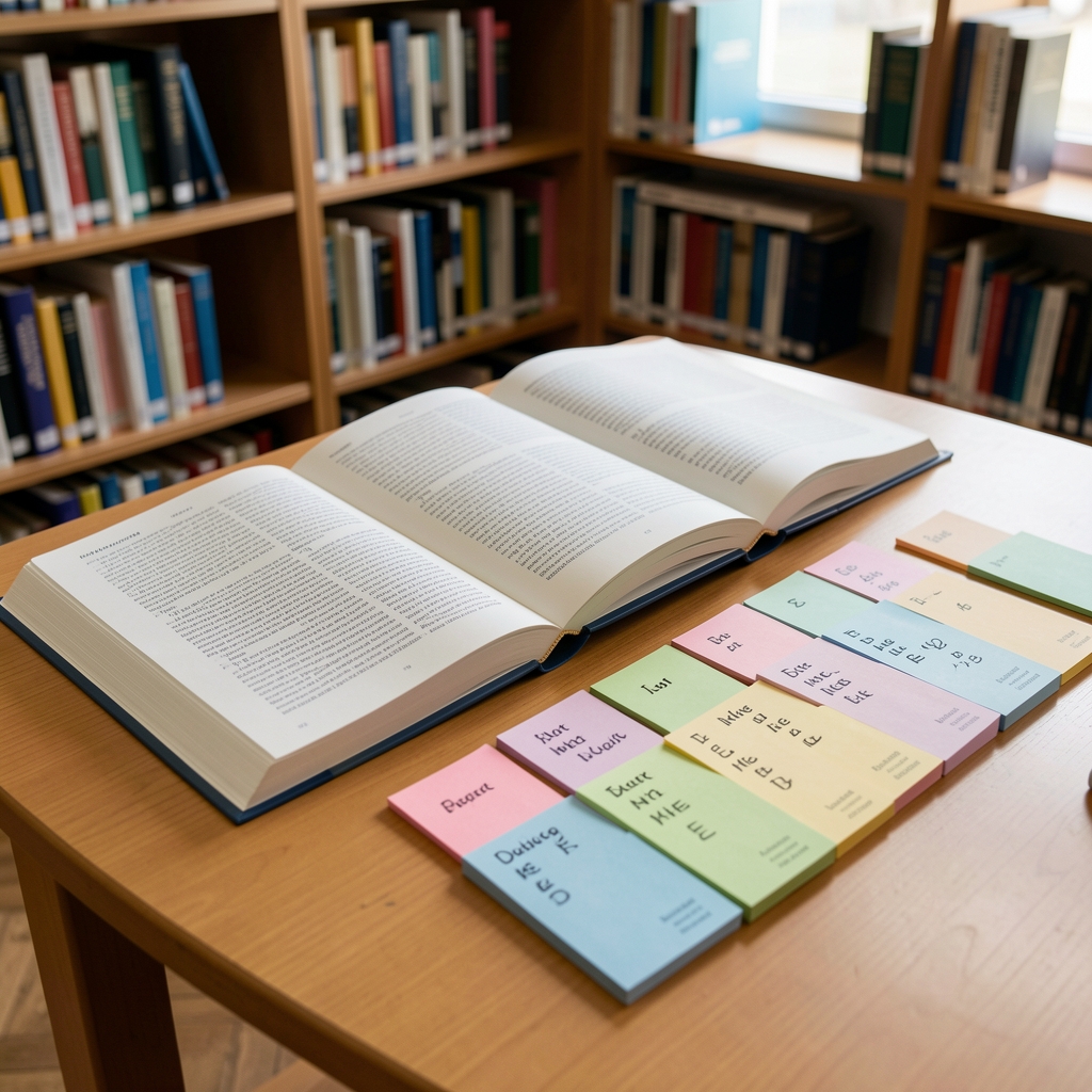 Offene Fachbücher und alphabetische Registerkarten zur Arbeitswelt auf einem Bibliothekstisch