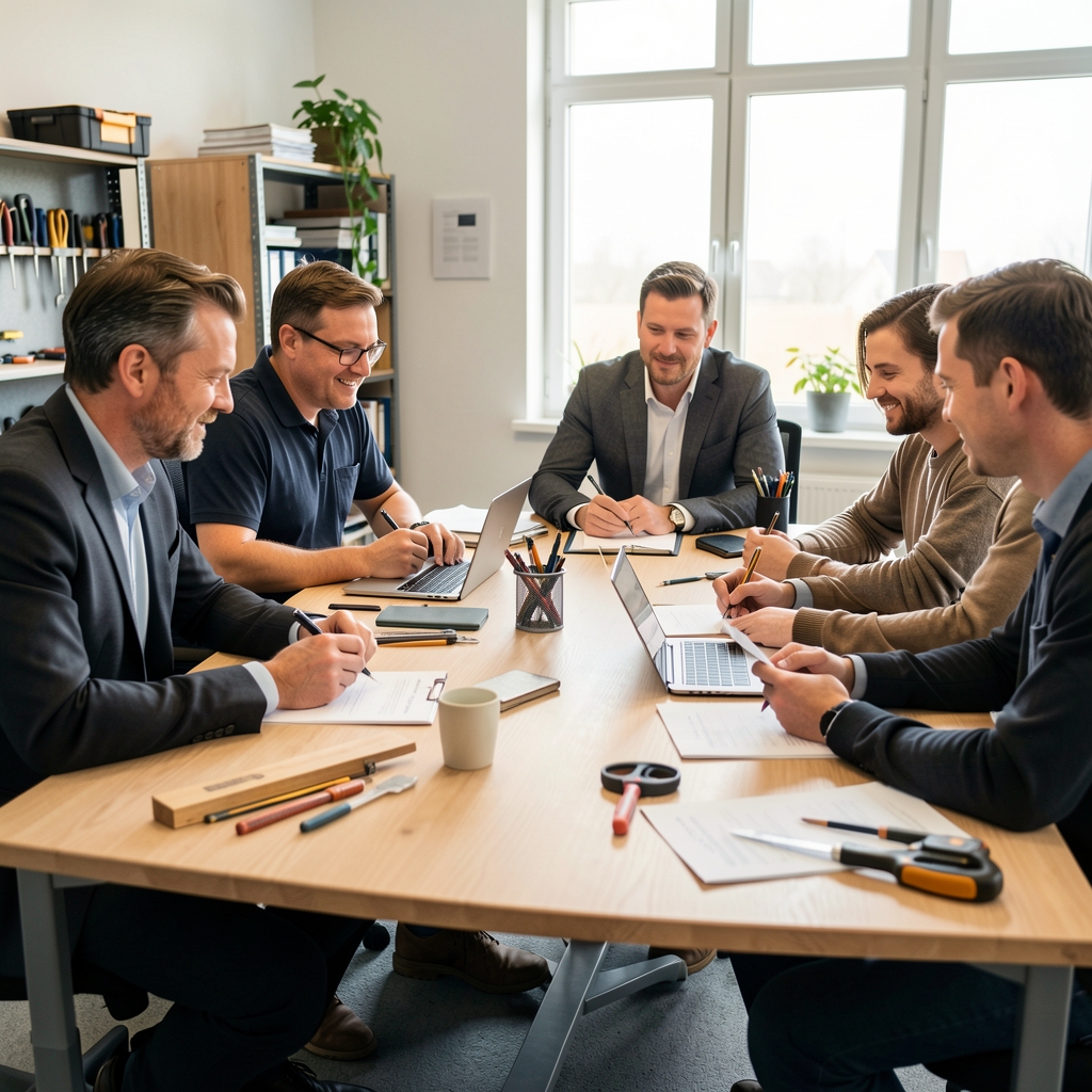 Diverse Fachleute aus Technik, Verwaltung und Handwerk bei einer gemeinsamen Besprechung in Deutschland