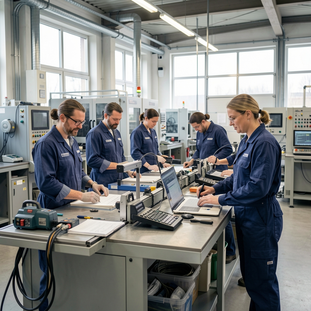 Helle Werkstatt mit Fachkräften und modernen Arbeitsgeräten in einem deutschen Betrieb