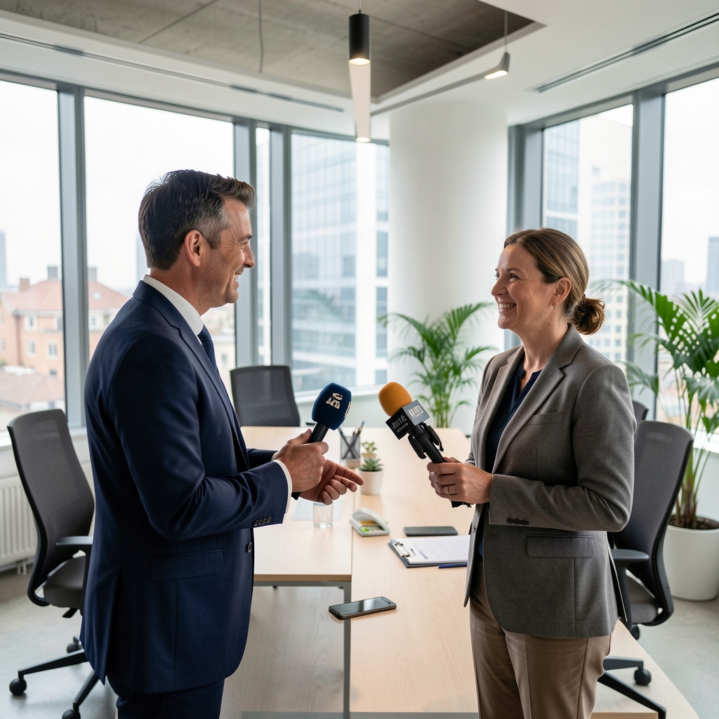 Zwei Fachleute begrüßen sich vor einem Interviewtermin in einem modernen Büro