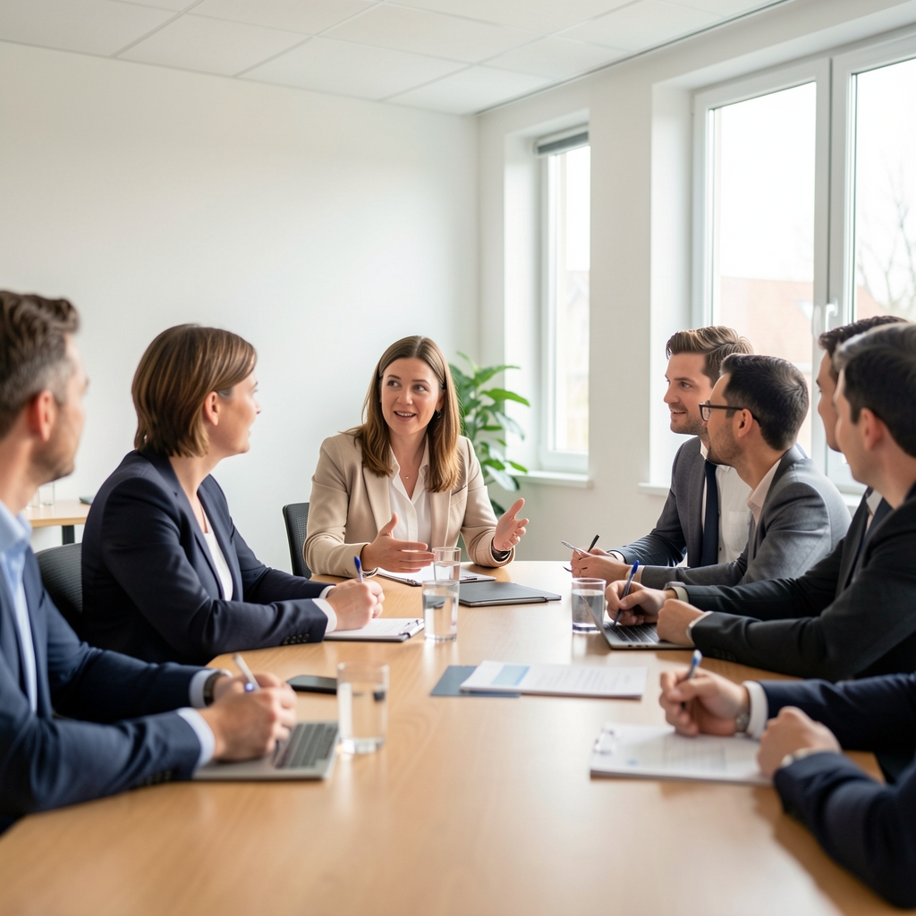 Teamleiterin im Gespräch über Führungsalltag in einem hellen Besprechungsraum