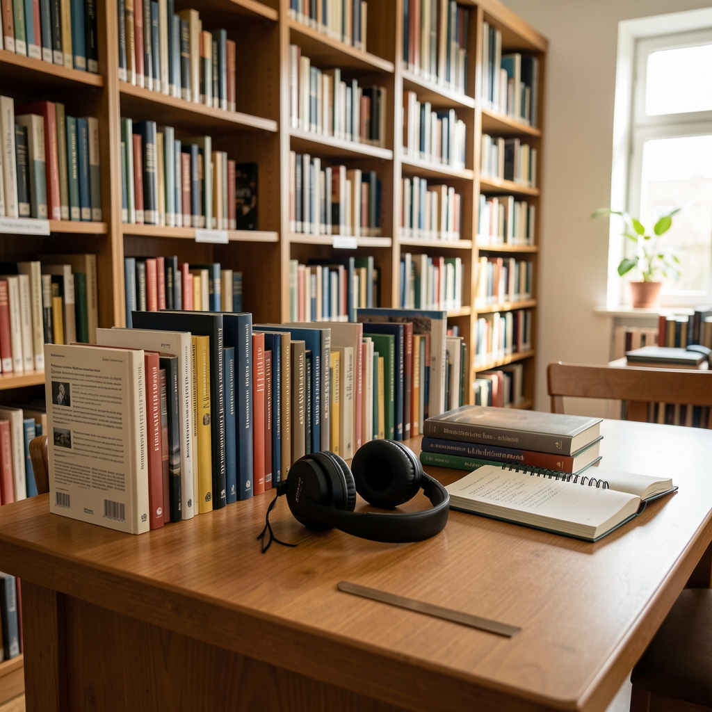 Ruhiger Lernplatz mit Fachbüchern, Kopfhörern und Notizheft in einer deutschen Bibliothek