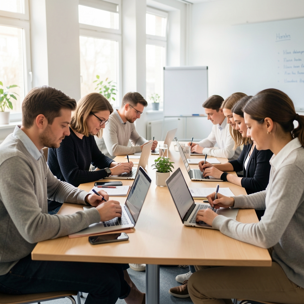 Teilnehmende arbeiten konzentriert in einem hellen deutschen Weiterbildungsseminar
