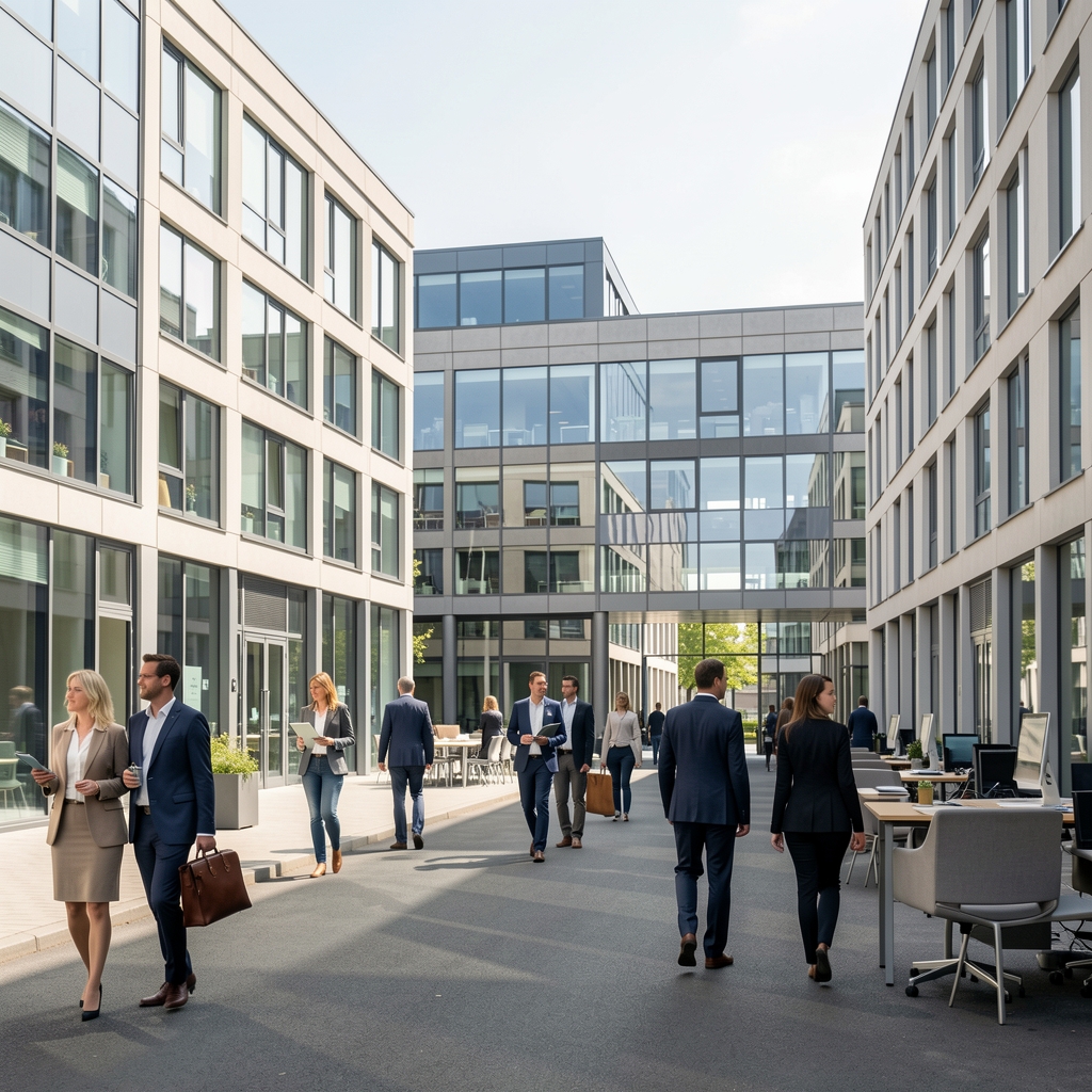 Deutsche Innenstadt mit Bürohäusern und Berufstätigen als Sinnbild regionaler Arbeitsmarktbewegungen