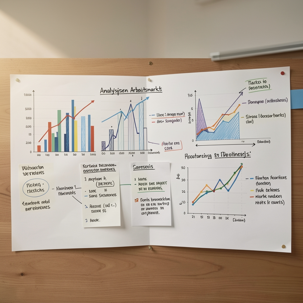 Offener Laptop mit Diagrammen und Notizen zur Analyse des deutschen Arbeitsmarkts