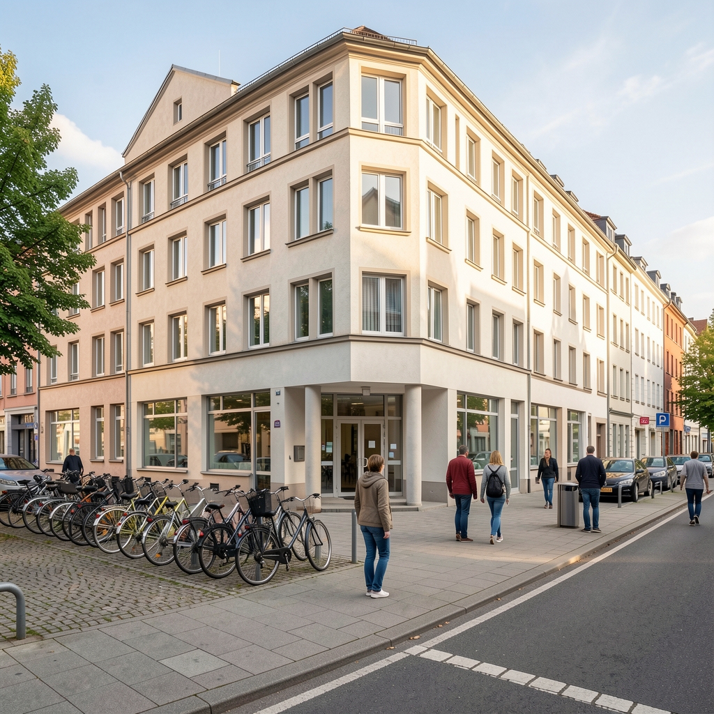 Regionales Bürogebäude mit Fahrradstellplätzen und Berufstätigen in einer deutschen Mittelstadt
