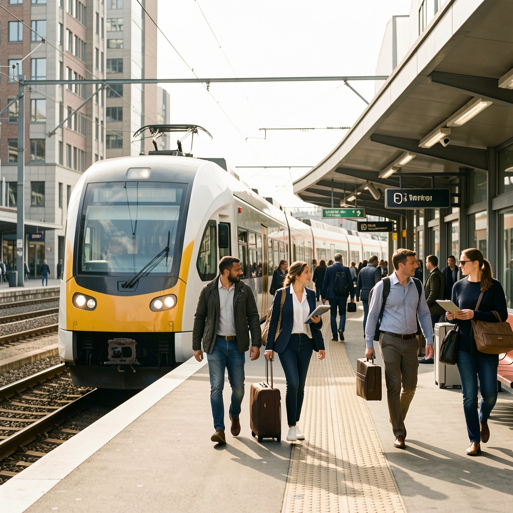 Pendlerzug am Hamburger Hauptbahnhof mit Reisenden auf dem Weg zur Arbeit