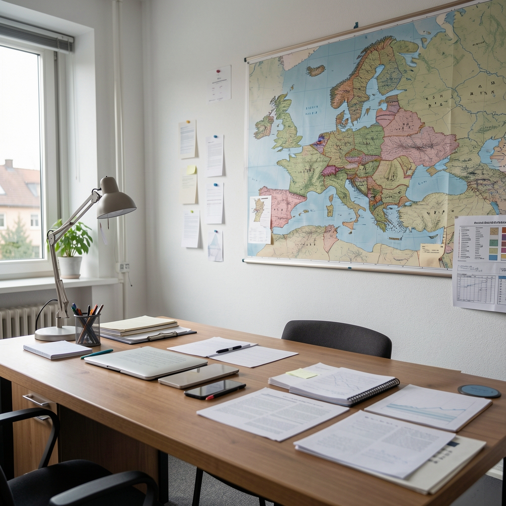 Helles Teammeeting in einem deutschen Büro mit Landkarte und Notizen zur Arbeitswelt