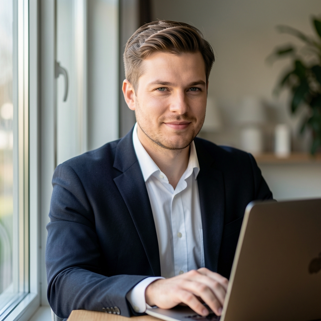 Redakteur mit Laptop am Fenster, der einen Beitrag zu Bewerbungsprozessen recherchiert