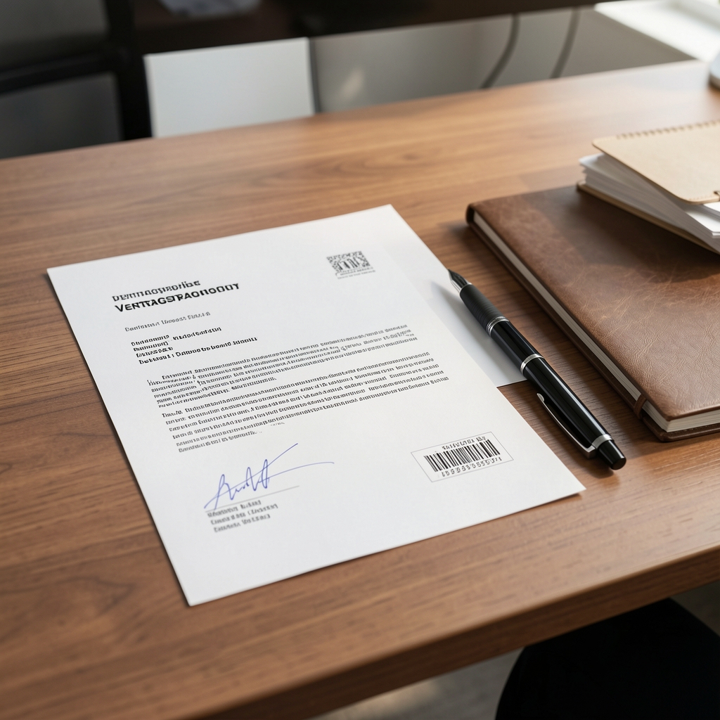Geordnete Arbeitsunterlagen und Vertragspapiere neben einem Stift auf einem Schreibtisch
